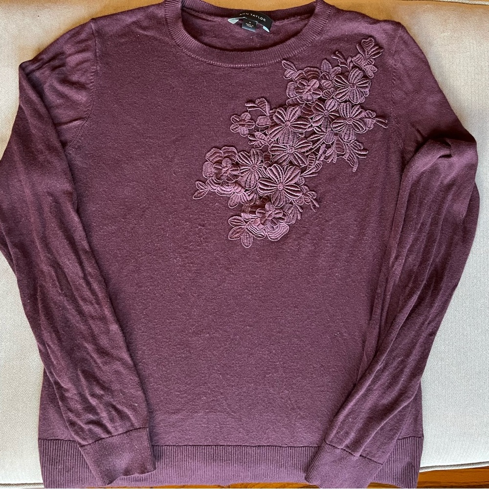 Ann Taylor Plum Sweater with Floral Detail